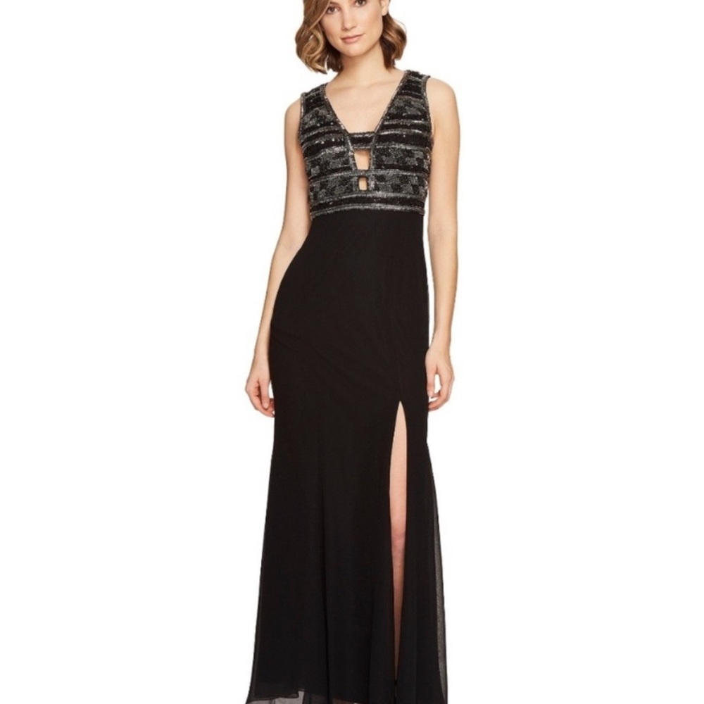 Adrianna Papell Beaded Bodice Cutout Gown